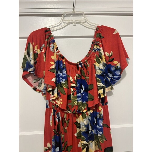 Jodifl Red Floral Off Shoulder  Size Small Maxi Dress Gathered Waist Split Joint - Picture 3 of 10